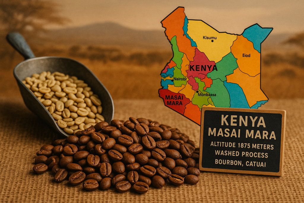 generar foto , pais kenia , region masai mara , altitud 1875 , proceso lavado . variedad bourbon y cutuai , usar mapa de kenia region en colores 