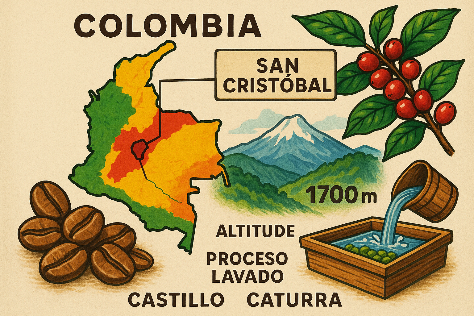 generar imagen , pais colombia , region san cristobal , altitud 1700 , proceso lavado , variedad castillo y caturra , usar mapa de colombia y region en colores 