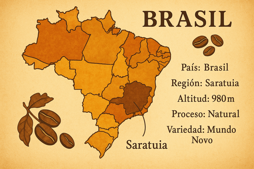 pais brasil , region saratuia , altitud 980 , proceso natural , variedad mundo novo , utilizar estos datos y una mapa de brasil con colores 
