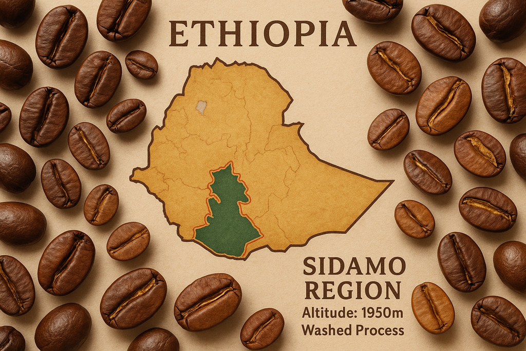 pais Etiopía , region sidamo , altitud 1950 , proceso lavado , imagen mapa de Etiopía y region en colores y granos de cafe 