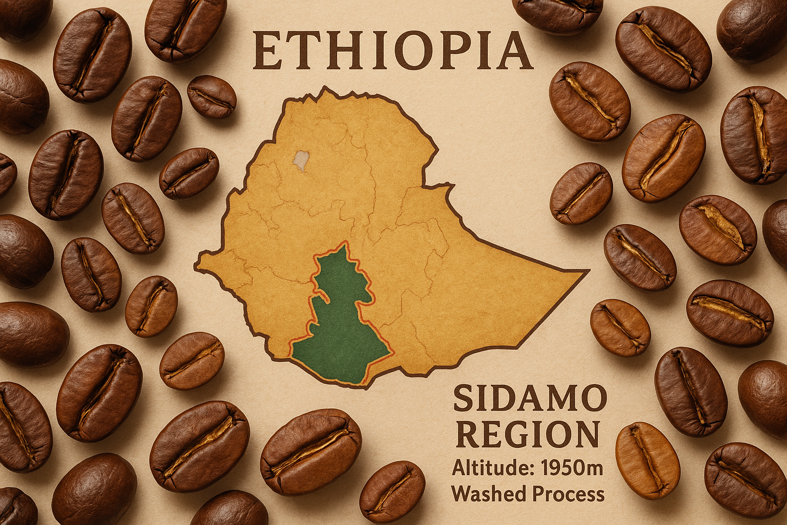 pais Etiopía , region sidamo , altitud 1950 , proceso lavado , imagen mapa de Etiopía y region en colores y granos de cafe 